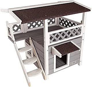 Petsfit Outdoor Cat House for Feral Cats Weatherproof, 2 Story Wooden Kitten Condo with Escape Door