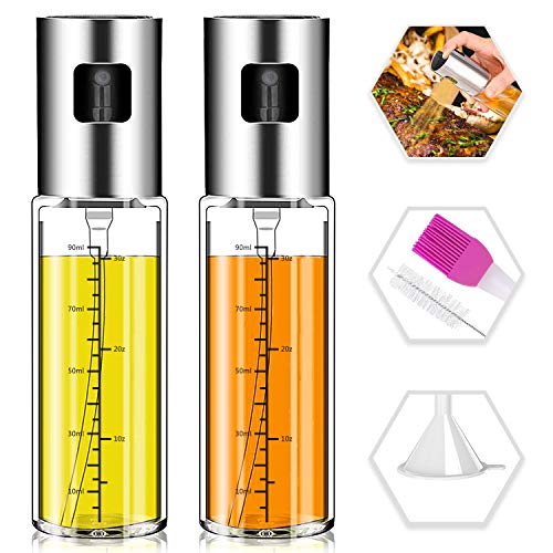 Olive Oil Sprayer,Norbase 2pack Oil Dispenser Mister for Cook Refillable Oil Vinegar Dispenser Glass Bottle with Measurements for BBQ Baking Roasting Frying Oil Control Diet 100ml with Brush Funnel