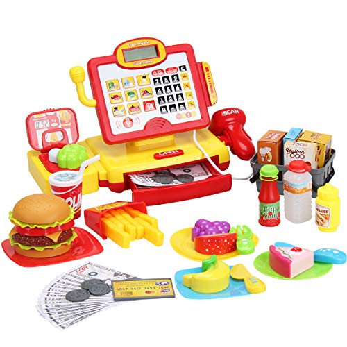 FS Toys Pretend Play Calculator Cash Register with Real Scanner, Microphone, Play Food, Supermarket Cashier, Great Pre-School Gift for Kids, Toddlers, Boys & Girls, Ages 3 4 5 6 7 8