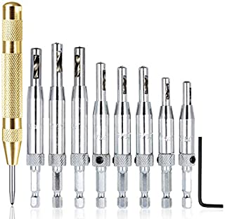 AFUNTA 8 pcs Center Drill Bit Sets with Automatic Center Punch, Self Centering Hinge Tapper Core Hole Puncher Woodworking Tools for Cabinet Door 5/64'' 7/64'' 9/64'' 11/64'' 13/64'' 5mm 1/4''