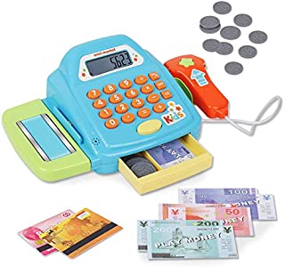 Playkidz Interactive Toy Cash Register for Kids - Sounds & Early Learning Play - Handheld Scanner & Calculator, Working Conveyor Belt