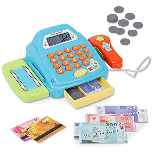 Playkidz Interactive Toy Cash Register for Kids - Sounds & Early Learning Play - Handheld Scanner & Calculator, Working Conveyor Belt