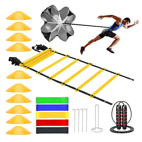 Speed Cones Training & 20ft Agility Ladder Set - Exercise Workout Equipment to Boost Fitness & Increase Quick Footwork - Kit for Soccer, Lacrosse, Hockey & Basketball - with Carry Bag