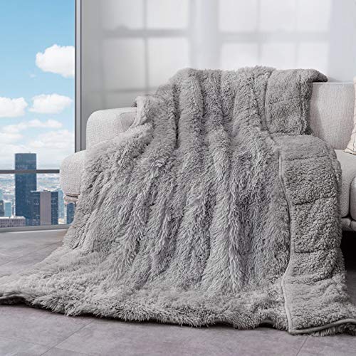 Cottonblue Faux Fur Reversible Sherpa Weighted Blanket 15lbs,Luxury Snugly Long Fur Warm Heavy Blanket 48x72 inches,Super Soft Fuzzy Fleece Blanket for Better Sleep,Gray