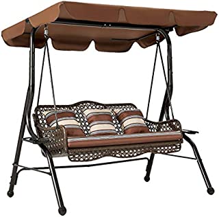 U-MAX 3-Seat Outdoor Patio Swing Chair, Large Converting Canopy Porch Swing Glider, Hammock Lounge Chair for Porch, Rattan Wicker Steel Frame Cushion & Pillow, Brown