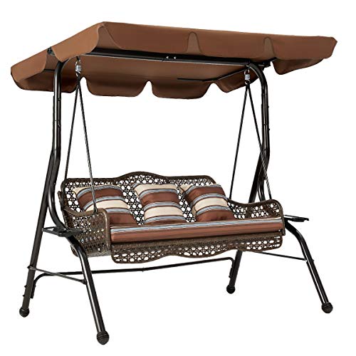 U-MAX 3-Seat Outdoor Patio Swing Chair, Large Converting Canopy Porch Swing Glider, Hammock Lounge Chair for Porch, Rattan Wicker Steel Frame Cushion & Pillow, Brown