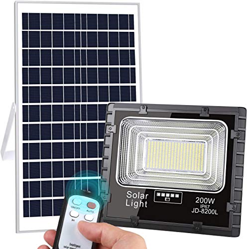 LEDMO Upgraded 200W LED Solar Flood Lights Outdoor 400LED 10000Lumens Dusk to Dawn Solar Powered Floodlight Waterproof IP67 with Remote Control Super Bright 5000K for Backyard|Garage|Driveway|Court