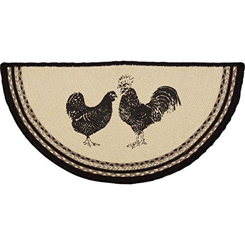 VHC Brands Sawyer Mill Small Jute Half Circle Area Rug Farmhouse Poultry Design, Entryway Kitchen Doormat Non Skid Pad 16.5x33