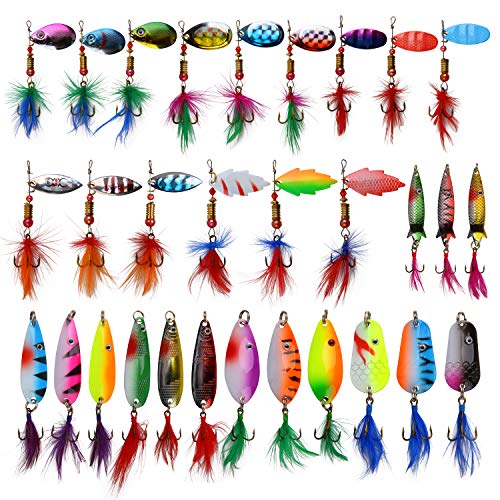 Fishing Spoon Lures Kit  30pcs Colorful Casting Spinner Baits Assorted Fish Hooks Metal Tackle Lures for Trout Bass Pike Salmon Walleye Fishing