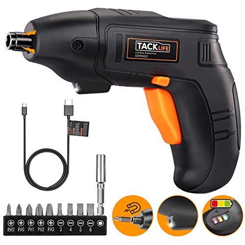 TACKLIFE Electric Screwdriver, 4V Max Cordless Screwdriver Rechargeable with Micro USB, Front LED Light, 10 pcs Screwdriver Bits, 3 Battery Indicator, Compact and Lightweight Design SDP60DC