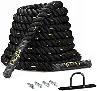 KINGSO Battle Rope 1.5 Inch Heavy Battle Exercise Training Rope 30ft Length Workout Rope 100% Dacron Fitness Rope for Strength Training Home Gym Outdoor Cardio Workout Equipment, Anchor Included