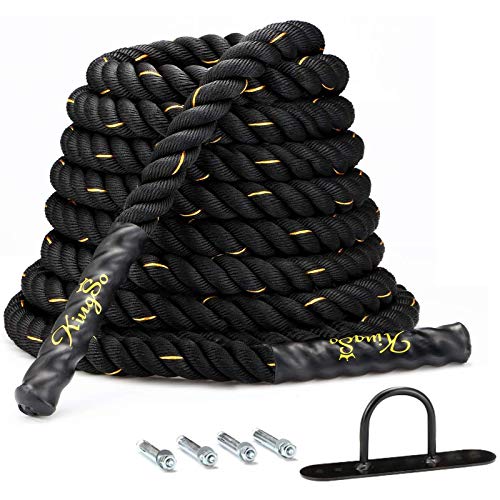 KINGSO Battle Rope 1.5 Inch Heavy Battle Exercise Training Rope 30ft Length Workout Rope 100% Dacron Fitness Rope for Strength Training Home Gym Outdoor Cardio Workout Equipment, Anchor Included