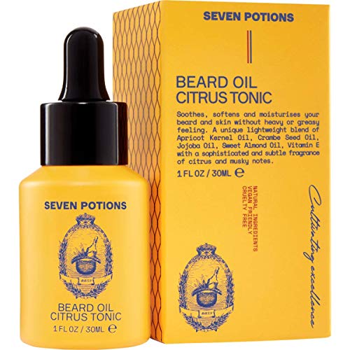 Beard Oil 1 fl oz by Seven Potions. Gentle Beard Softener. Stops Beard Itch. 100% Natural, Organic, Beard Conditioning Oil With Citrus Scent & Jojoba Oil (Citrus Tonic)