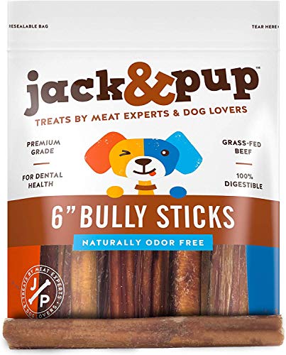 Jack&Pup 6-inch Premium Grade Odor Free Bully Sticks Dog Treats [Thick-Size]  6 Long All Natural Gourmet Dog Treat Chews  Fresh and Savory Beef Flavor  30% Longer Lasting (3 Piece Pack)