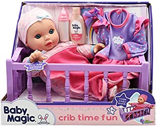 Baby Magic Crib Time Fun (6556), 12 Soft body baby doll, 6 different baby sounds, molded crib, accessories and bonus outfit. Age 2+, Caucasion
