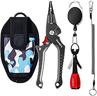 SAMSFX Aluminum Fishing Pliers Saltwater Hook Remover Vanadium Cutter Split Ring Opener with Coiled Lanyard and Sheath, Fishing Knot Tying Tool and Retractors Fishing Gear Accessories