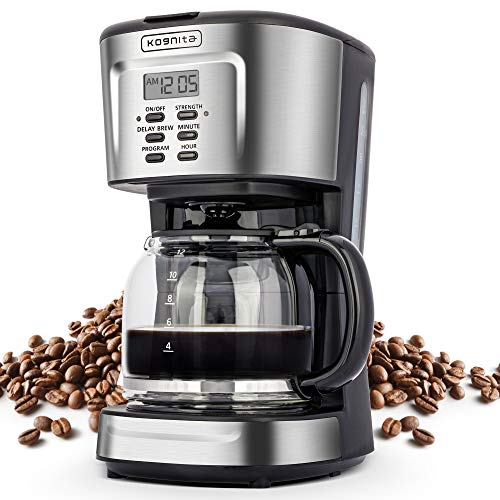 Coffee Machine, 2-12 Cup Programmable Coffee Maker, Small Stainless Steel Coffee Maker with Auto Shut-off, Non-stick Heating Plate, Glass Carafe, ETL Listed