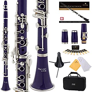 Mendini by Cecilio B Flat Beginner Student Clarinet with 2 Barrels, Case, Stand, Book, 10 Reeds, Mouthpiece and Warranty (Purple)