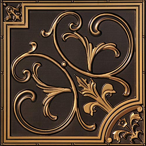 From Plain To Beautiful In Hours 204 Lilies and Swirls PVC 2' x 2'Glue-up or Lay-in Ceiling Tile (Case / 100 sq.ft), Pack of 25, Antique Gold, 25