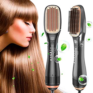 Hair Straightener Brush, 1200W Ionic Straightening Brush with 3 Heat Levels for All Hair Types, 2 in 1 Ceramic Hair Dryer & Straightener Brush for Home,Salon and Travel (Grey Black)