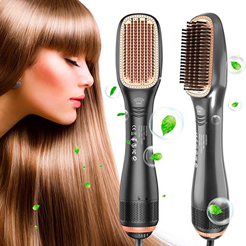 Hair Straightener Brush, 1200W Ionic Straightening Brush with 3 Heat Levels for All Hair Types, 2 in 1 Ceramic Hair Dryer & Straightener Brush for Home,Salon and Travel (Grey Black)