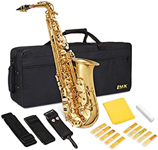 LyxJam Alto Saxophone E Flat Brass Sax Beginners Kit, Mouthpiece, Neck Strap, Cleaning Cloth Rod, Gloves, Hard Carrying Case With Removable Straps,10 Bonus Reeds - Gold Lacquer