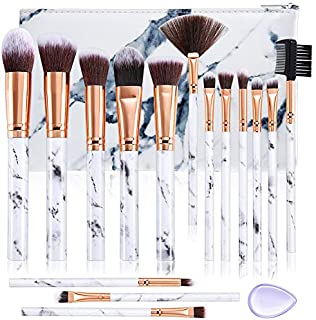 DUAIU Makeup Brushes Set Premium Synthetic Foundation Powder Concealers Blending Eye Shadows Face Make Up Brush Sets 15 Pcs Marble with Cosmetic Bag Silicone Puff