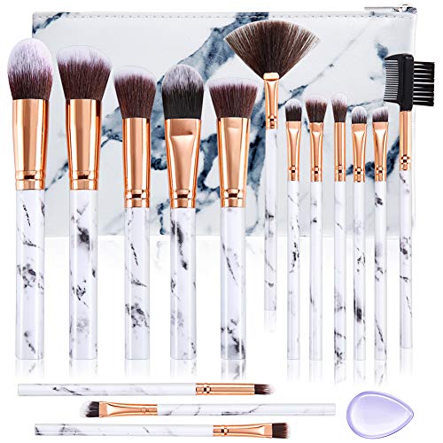 DUAIU Makeup Brushes Set Premium Synthetic Foundation Powder Concealers Blending Eye Shadows Face Make Up Brush Sets 15 Pcs Marble with Cosmetic Bag Silicone Puff