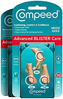 Compeed Advanced Blister Care Cushions 10 Count Mixed Sizes Pads (2 Packs) Heel Blister Patches, Blister on Foot, Blister Prevention & Treatment, Hydrocolloid Waterproof Bandages, Packaging May Vary