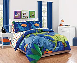 Elegant Home Multicolor Blue Green Orange Dinosaurs Design 7 Piece Comforter Bedding Set for Boys/Kids Bed in a Bag with Sheet Set # New Dinosaur (Full Size)