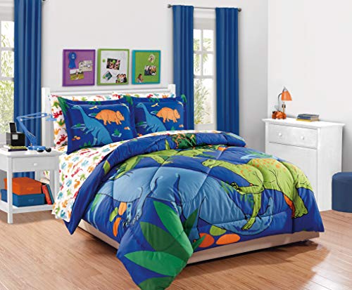 Elegant Home Multicolor Blue Green Orange Dinosaurs Design 7 Piece Comforter Bedding Set for Boys/Kids Bed in a Bag with Sheet Set # New Dinosaur (Full Size)