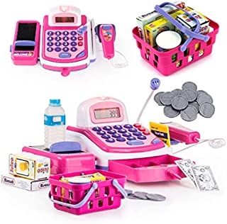 Prextex Pretend Play Electronic Toy Cash Register STEM Toy with Mic Speaker and Play Money Included for Kids