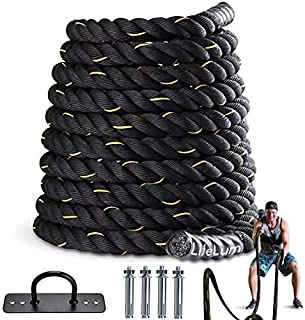 LIFELUM Battle Rope 1.5 Inch Heavy Battle Exercise Training Rope 30 ft Length with Protective Cover Workout Rope 100% Dacron Fitness Rope for Strength Training Home Anchor Kits Included (30.1)