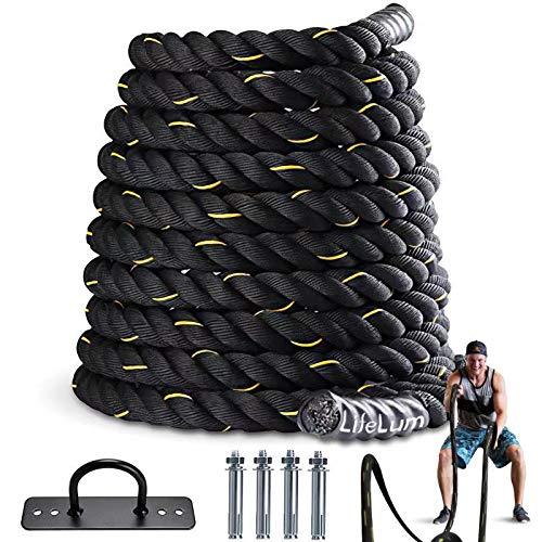 LIFELUM Battle Rope 1.5 Inch Heavy Battle Exercise Training Rope 30 ft Length with Protective Cover Workout Rope 100% Dacron Fitness Rope for Strength Training Home Anchor Kits Included (30.1)