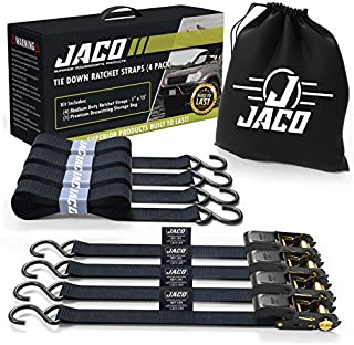 JACO Ratchet Tie Down Straps (4 Pack) - 1 in x 15 ft | AAR Certified Break Strength (1,823 lbs) | Cargo Tie Down Set with (4) Utility Ratchet Straps, (4) Bundling Straps, and Accessories (Black)