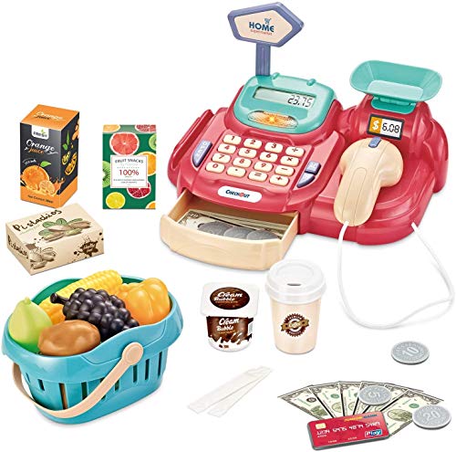 Hayden Ljsu Cash Register for Kids Pretend Play Supermarket Shop Toys with Scanner,Sounds,Calculator,Scale,Card Reader,Credit Card,Play Money and Grocery Toys for Boys Girls