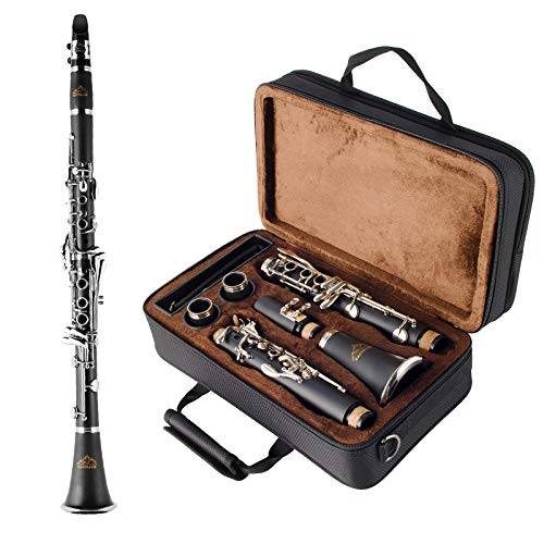 EASTROCK Clarinet Bb Flat 17 Nickel Keys Student Clarinet with 2 Barrels,Hard Case,Stand and Clarinet Cleaning Kit(Black Clarinet)