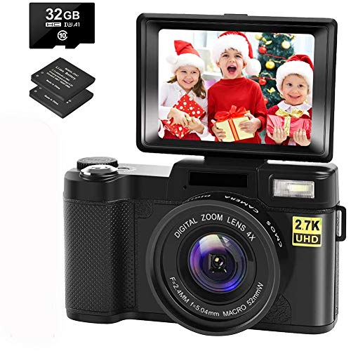 Digital Camera Vlogging Camera with YouTube 30MP Full HD 2.7K Vlog Camera with Flip Screen 180° Rotation with 32GB Memory Card and 2 Batteries Focus Fixed