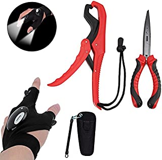 nawaish Fishing Pliers Long Nose G1 & Floating Fish Lip Gripper,Needle Nose Pliers - Split Ring Pliers,Fishing Hook Remover,Crimper,Fishing Line Cutter in Freshwater & Saltwater with LED Light Gloves