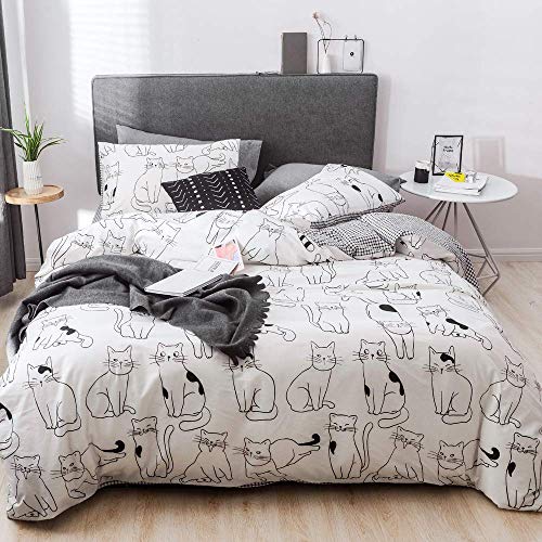 OTOB Cats Duvet Covers Queen Girls Boys, Cartoon Bedding Sets Full Comforter Cover 3 Pieces 100% Cotton for Kids Students Toddler Bed Set,No Comforter,Queen Full