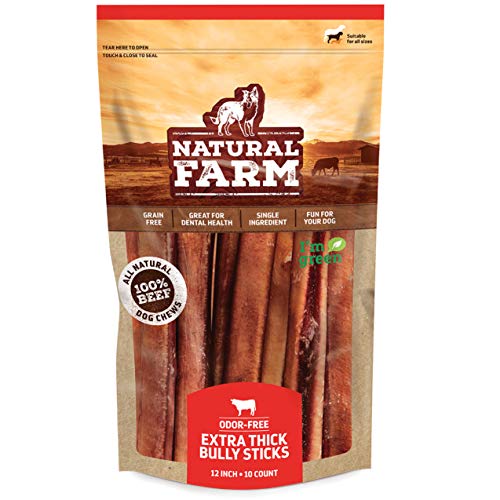 Natural Farm Bully Sticks 12-Inch Long (10 Pack) - Extra-Thick Dog Treats, Odor Free & Fully Digestible 100% Beef Treats, Supports Dental Health  Keep Your Dog Busy with 50% Longer Lasting Chews