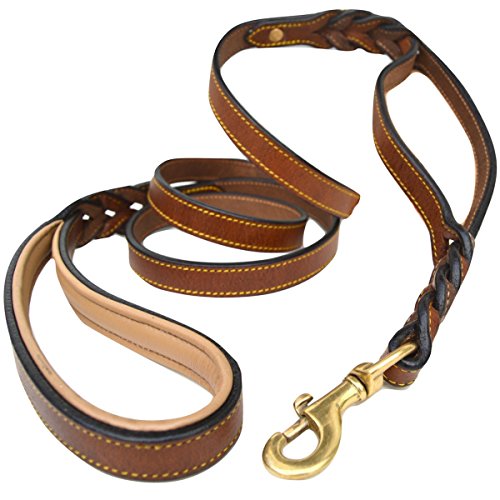 Soft Touch Collars 6 Foot Braided Leather Dog Leash with Traffic Handle, Two Handles for Training and Safety, Double Your Control with 2 Locations, Lead for Large and Medium Dogs Brown 6ft x 3/4 Inch