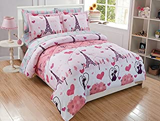 Elegant Home Multicolors Pink Grey Paris Eiffel Tower Bonjour Design 7 Piece Full Size Comforter Bedding Set for Girls/Kids Bed in a Bag with Sheet Set # Paris (Full Size)