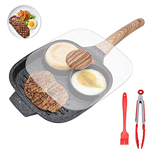 Fried Egg Pan, Egg Frying Pan With Lid Nonstick 3 Section Pancake Pan Aluminium Alloy Cooker For Breakfast, Suitable For Gas Stove & Induction Cooker