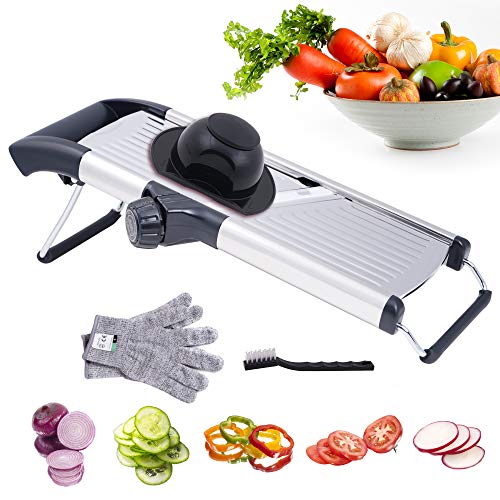 Mandoline Slicer Vegetables Cutter, Adjustable Kitchen Slicer Veggie Cutter for Onions Tomatoes Cucumbers Zucchinis Carrots and Salad, French Fry Cutter, Vegetable Chopper with Gloves Brush