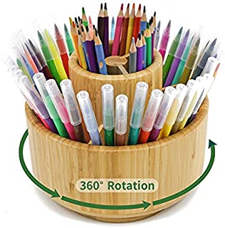 Bamboo Pen Holder Organizer, Round Rotating Art Supply Organizer, Hold 420 Pencils, Desktop Storage for Marker Pens, Colored Pencil, Art Brushes, etc.