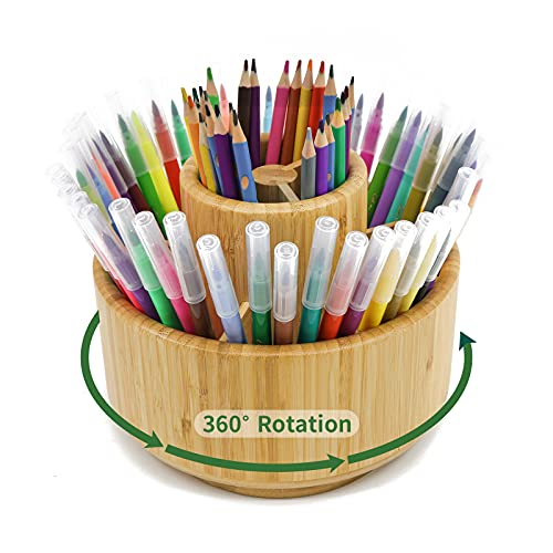 Bamboo Pen Holder Organizer, Round Rotating Art Supply Organizer, Hold 420 Pencils, Desktop Storage for Marker Pens, Colored Pencil, Art Brushes, etc.