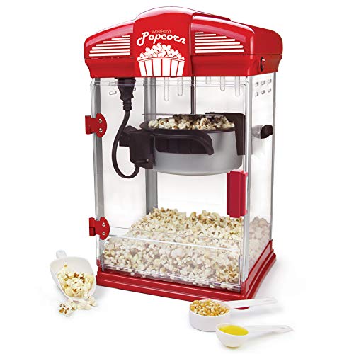 West Bend Hot Oil Theater Style Popcorn Popper Machine with Nonstick Kettle Includes Measuring Tool and Serving Scoop, 4-Ounce, Red