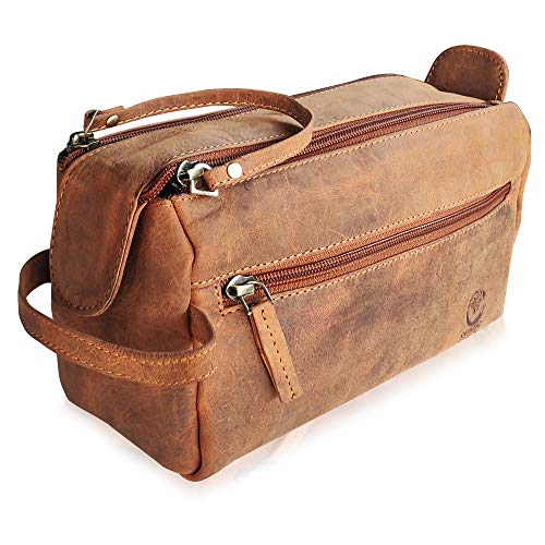 Leather Toiletry Bag for Men - Hygiene Organizer Travel Dopp Kit By Rustic Town (Brown)