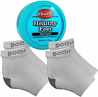 Dry Cracked Heels Repair Bundle with Open Toe Moisturizing Silicone Gel Heel Socks (2 Pairs, Gray) and OKeeffes Healthy Feet Cream Jar for Home Foot Skin Care